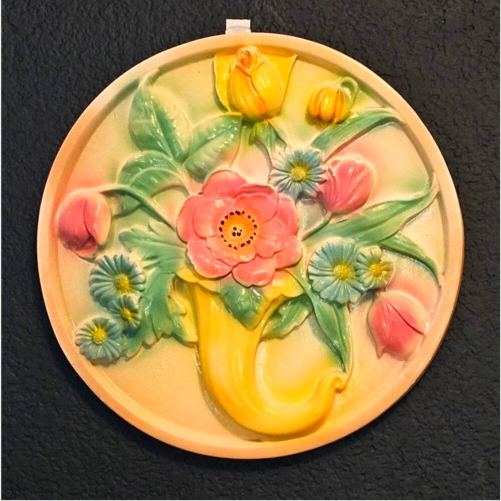 Vintage Chalkware Circular Wall Plaque Bright Floral 13"